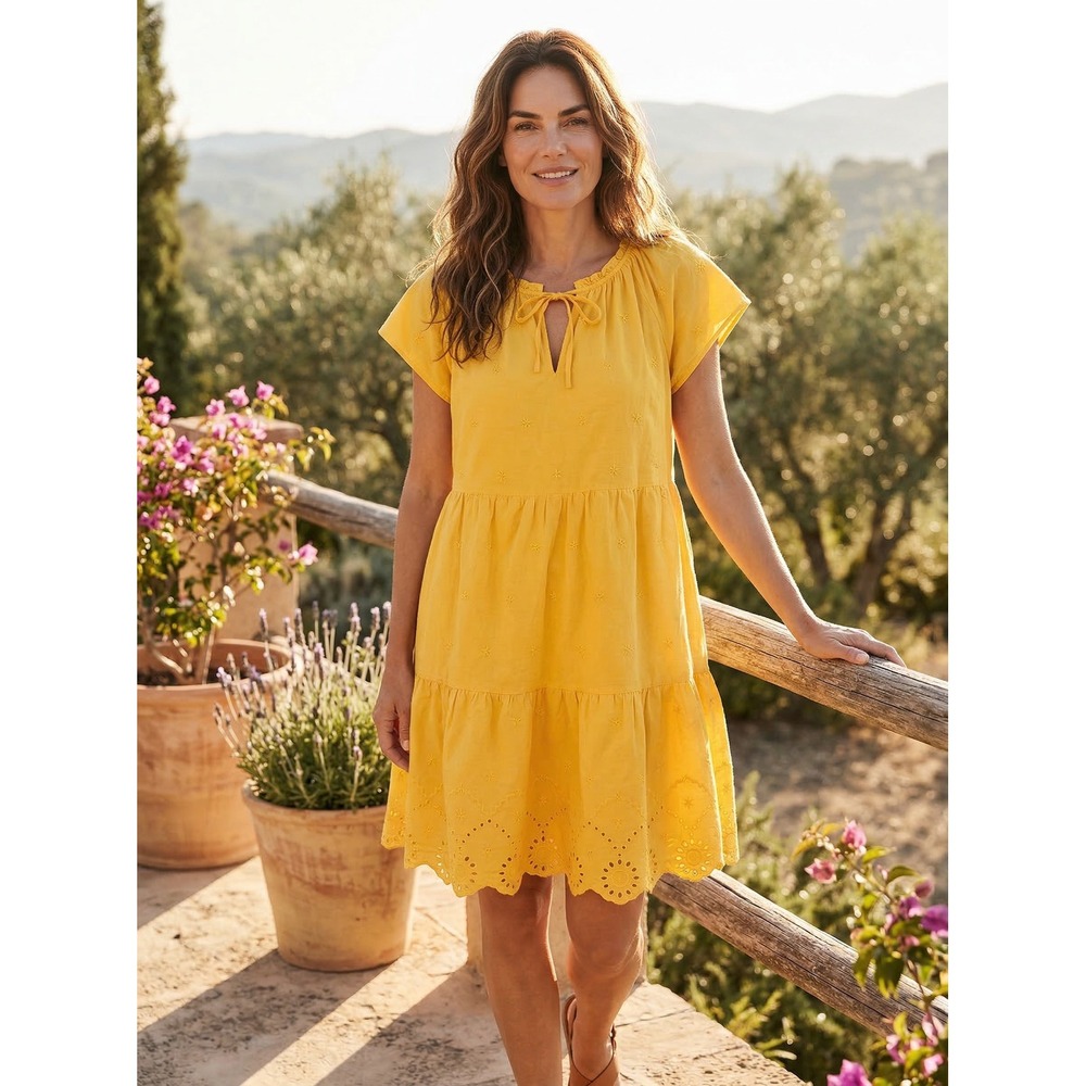 LOFT Yellow Eyelet Tiered Mini Dress Womens Medium Tie Neck Flutter Sleeve